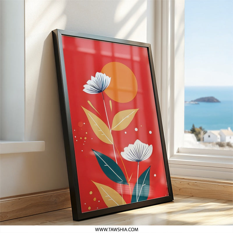 Floral Wall Art, Orange Sun, Flower Illustration, Modern Art Print, Botanical Decor, Living Room Art, Home Decor, Gift Idea (133) - Tawshia