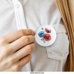 Floral Pinback Button, Poppy Pin, Red and Blue Flower Button, Botanical Art Button, Colorful Pin Button, Artistic Pin, Flower Lover Gift - Tawshia