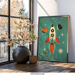 Retro Rocket Wall Art, Space Print, Mid Century Modern Art, Sci Fi Decor, Kids Room Art, Nursery Art, Space Theme, Outer Space Art - Tawshia