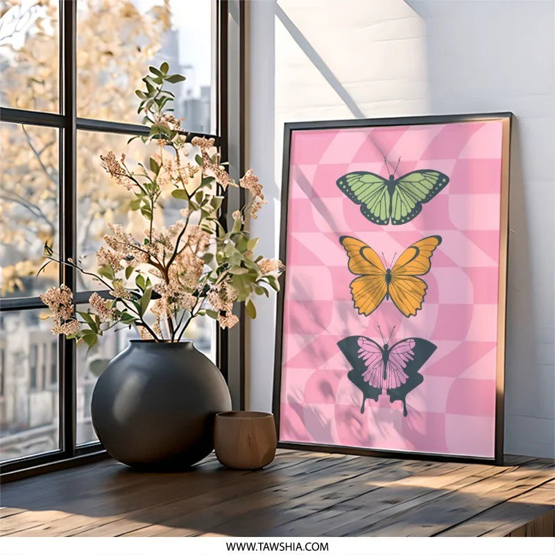 Butterfly Wall Art Print, Pink Checkered Background, Colorful Butterflies, Trendy Wall Decor, Butterfly Illustration - Tawshia