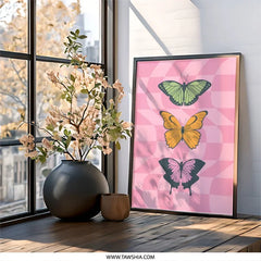 Butterfly Wall Art Print, Pink Checkered Background, Colorful Butterflies, Trendy Wall Decor, Butterfly Illustration - Tawshia