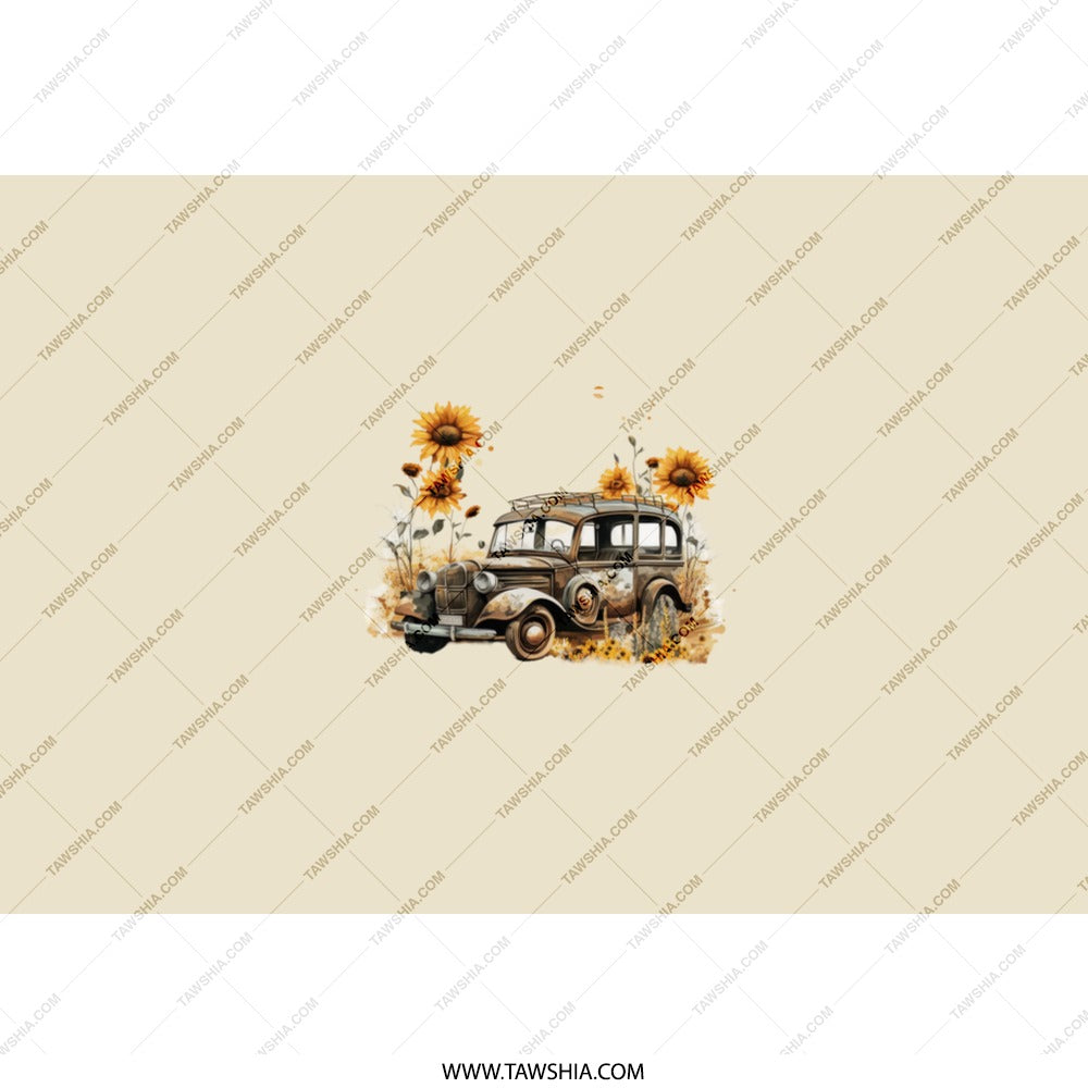 Sunflower Antique Car Tumbler, Vintage Vehicle Travel Mug, Unique Drinkware, Rustic Automotive Gift, Floral Insulated Tumbler, Cup with - Tawshia