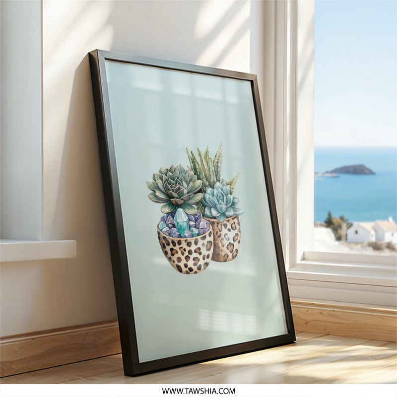 Succulent Wall Art, Leopard Print Planters, Crystal Decor, Botanical Art Print, Modern Home Decor, Trendy Wall Hanging, Unique Gift Idea - Tawshia