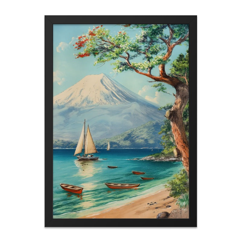 Tranquil Mountain Lake Wall Art, Sailboat Painting Print, Asian Inspired Artwork, Serene Landscape Decor, Peaceful Scenery Fine Art Print - Tawshia