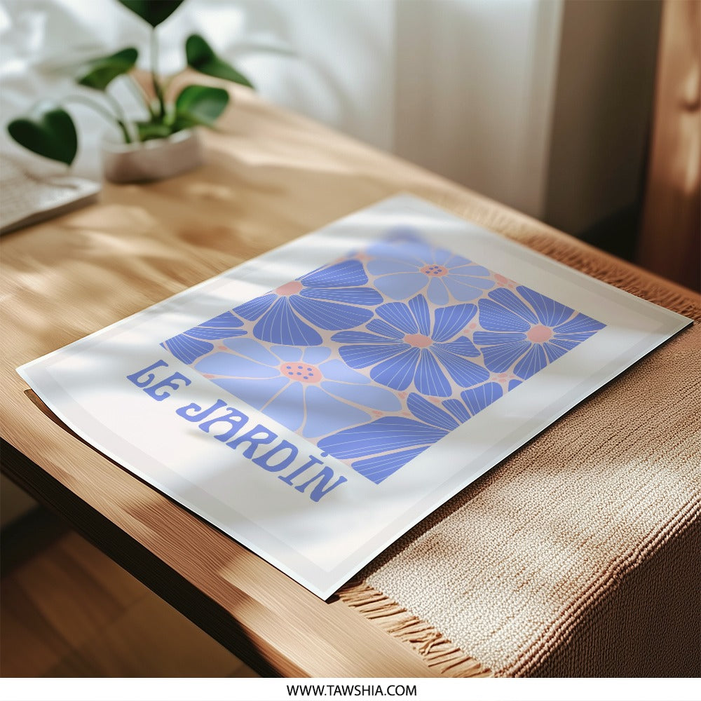 Le Jardin Photographic Print, Floral Wall Art, Blue Flower Garden Decor, Botanical Art Print, Retro Flower Art, Groovy Aesthetic Print - Tawshia