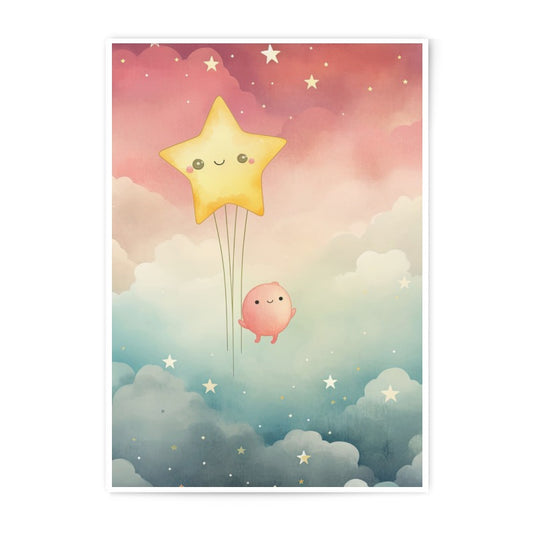 Cute Star Balloon Photographic Print, Kids Room Wall Decor, Nursery Art Print, Playroom Decor, Dreamy Sky Print, Watercolor Stars - Tawshia