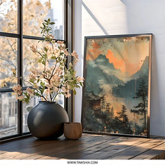 Japanese Lake House Wall Art, Mountain Landscape Print, Asian Home Decor, Tranquil Scenery Poster, Peaceful Nature Artwork - Tawshia