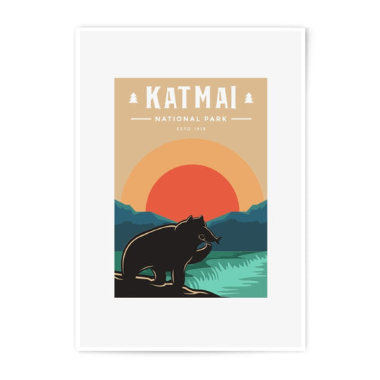Katmai National Park Photographic Print, Bear and Salmon Art, Travel Poster, Sunset Landscape, Home Decor, Wall Art - Tawshia
