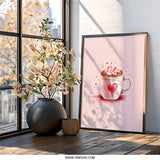 Valentine Wall Art, Hot Chocolate Print, Heart Marshmallow Mug, Cute Home Decor, Sweet Treat Illustration, Coffee Lover Gift, Kitchen Art - Tawshia