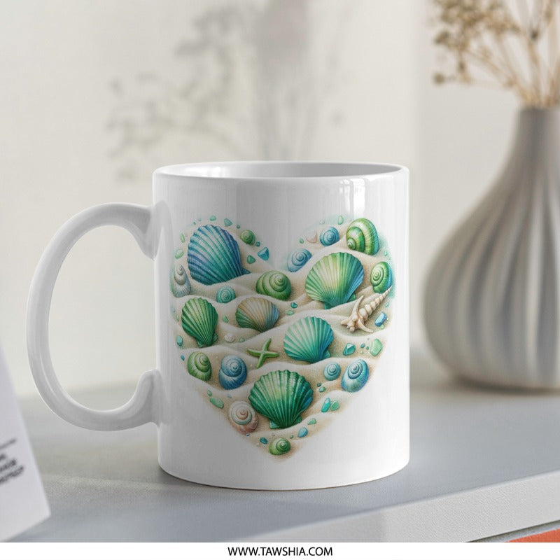 Seashells Heart Mug, Beach Lover Gift, Ocean Theme Mug, Coastal Decor, Sea Shell Art Coffee Mug, Beach House Gift, Nautical Mug - Tawshia