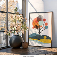 Mid Century Modern Wall Art, Abstract Tree Print, Geometric Landscape Art, Minimalist Nature Decor, Scandinavian Home Decor, Framed Art - Tawshia