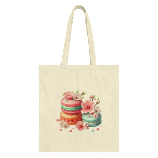 Macaron Stack Tote Bag, Cherry Blossom Design, Cute Foodie Gift, Pastel Dessert Art, Whimsical Illustration, Everyday Bag, Book Bag - Tawshia