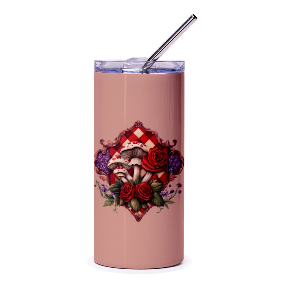 Mushroom Rose Tumbler, Gingham Tumbler, Whimsical Drinkware, Floral Tumbler, Cute Tumbler, Stainless Steel Tumbler, Travel Mug - Tawshia