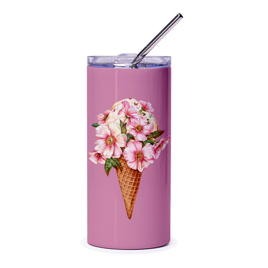 Floral Ice Cream Tumbler, Pretty Pink Tumbler, Flower Tumbler, Ice Cream Cone, Cute Tumbler, Gift Idea, Tumbler With Straw, Water Tumbler - Tawshia