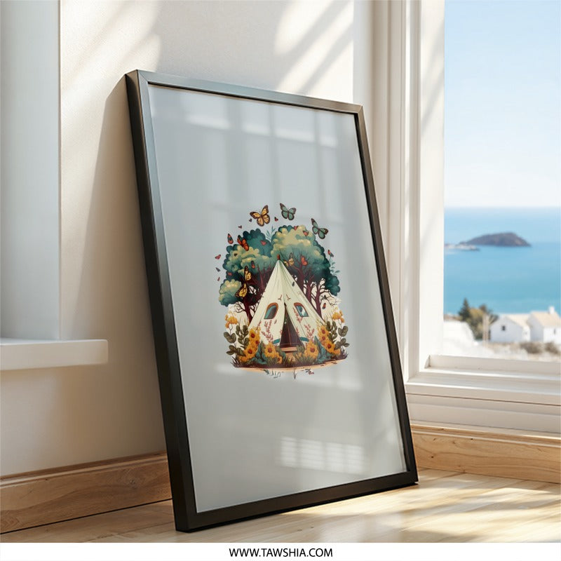 Camping Tent Wall Art, Butterfly Art Print, Nature Scenery Artwork, Modern Home Decor, Adventure Wall Decor, Tent and Butterfly Print - Tawshia