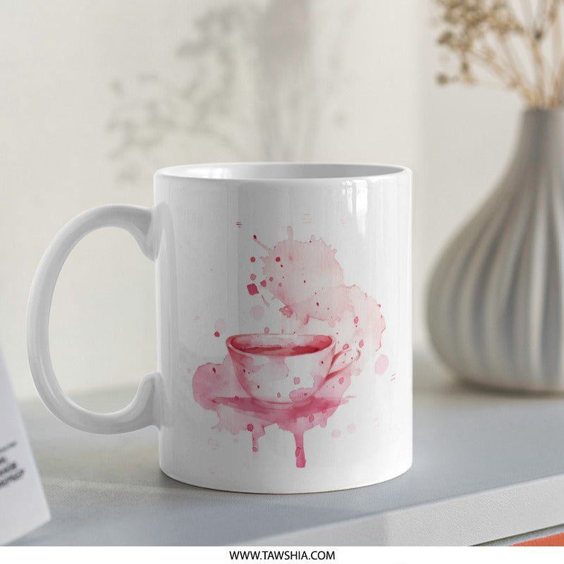 Watercolor Tea Cup Mug, Coffee Mug, Pink Watercolor Splash, Unique Gift Idea, Tea Lover Gift, Drinkware, Hot Cocoa Mug (137 characters) - Tawshia