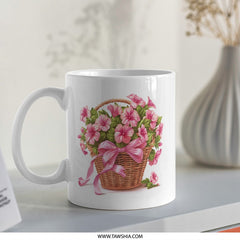 Floral Basket Mug, Flower Mug, Floral Coffee Mug, Pink Flowers, Gift Mug, Birthday Mug, Easter Mug, Mother's Day Gift - Tawshia