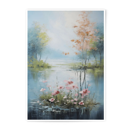 Serene Lake Photographic Print, Floral Landscape Art, Impressionist Painting Style, Calm Water Reflection, Peaceful Home Decor - Tawshia