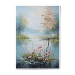 Serene Lake Photographic Print, Floral Landscape Art, Impressionist Painting Style, Calm Water Reflection, Peaceful Home Decor - Tawshia