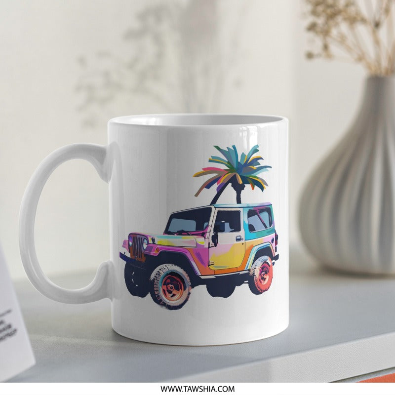 Colorful Jeep Mug, Tropical Palm Tree, Pop Art Style, Unique Gift, Car Lover Mug, Beach Vibes, Coffee Mug, Tea Cup, Novelty Mug, Gift Idea - Tawshia