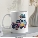 Colorful Jeep Mug, Tropical Palm Tree, Pop Art Style, Unique Gift, Car Lover Mug, Beach Vibes, Coffee Mug, Tea Cup, Novelty Mug, Gift Idea - Tawshia