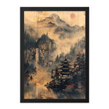 Japanese Wall Art, Temple Art Print, Mountain Landscape Decor, Asian Painting, Zen Decor, Oriental Fine Art, Pagoda Wall Art - Tawshia