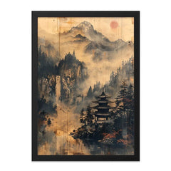 Japanese Wall Art, Temple Art Print, Mountain Landscape Decor, Asian Painting, Zen Decor, Oriental Fine Art, Pagoda Wall Art - Tawshia