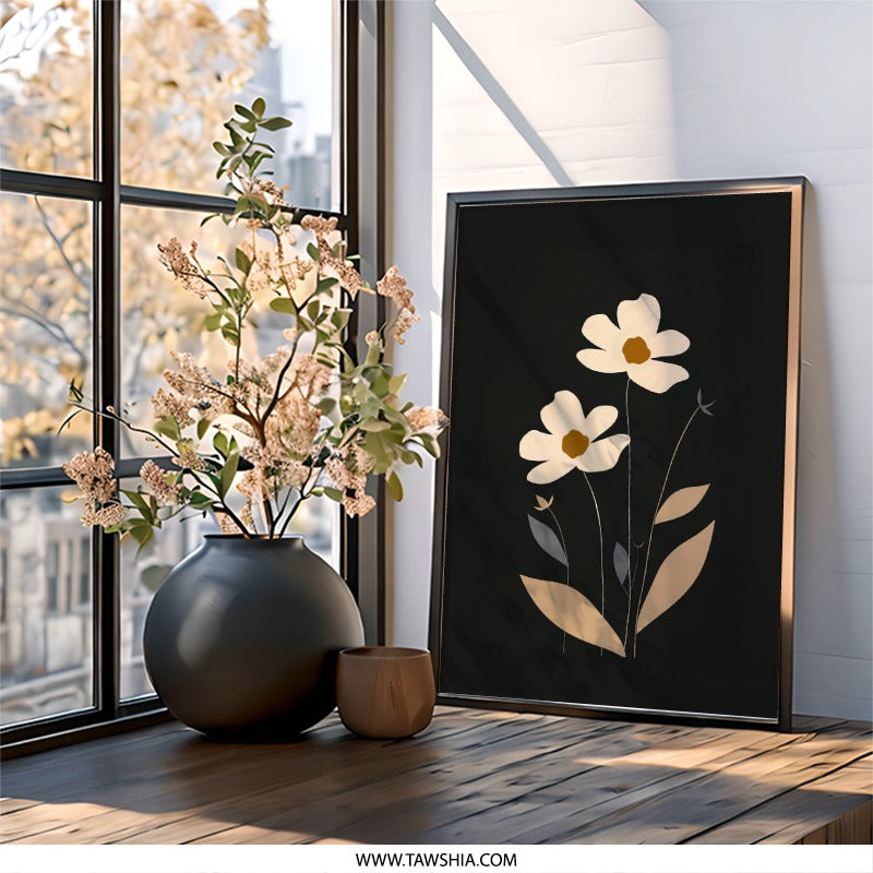 Minimalist Flower Wall Art, Floral Botanical Print, Modern Home Decor, Abstract Plant Art, Neutral Tones, Simple Flower Design - Tawshia