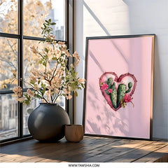 Cactus Heart Wall Art, Pink Floral Decor, Succulent Wall Decor, Valentine's Day Gift, Desert Plant Wall Art, Home Decor Wall Hanging - Tawshia