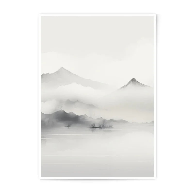 Mountain Lake Photographic Print, Serene Landscape Art, Minimalist Home Decor, Asian Inspired Wall Art, Foggy Peak Photography - Tawshia