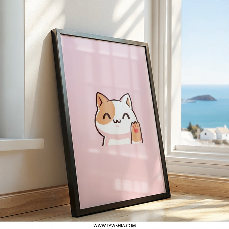Cute Cat Wall Art, Kawaii Cat Print, Waving Cat Art, Kitten Illustration, Nursery Decor, Kids Room Art, Pink Wall Art, Cartoon Cat - Tawshia