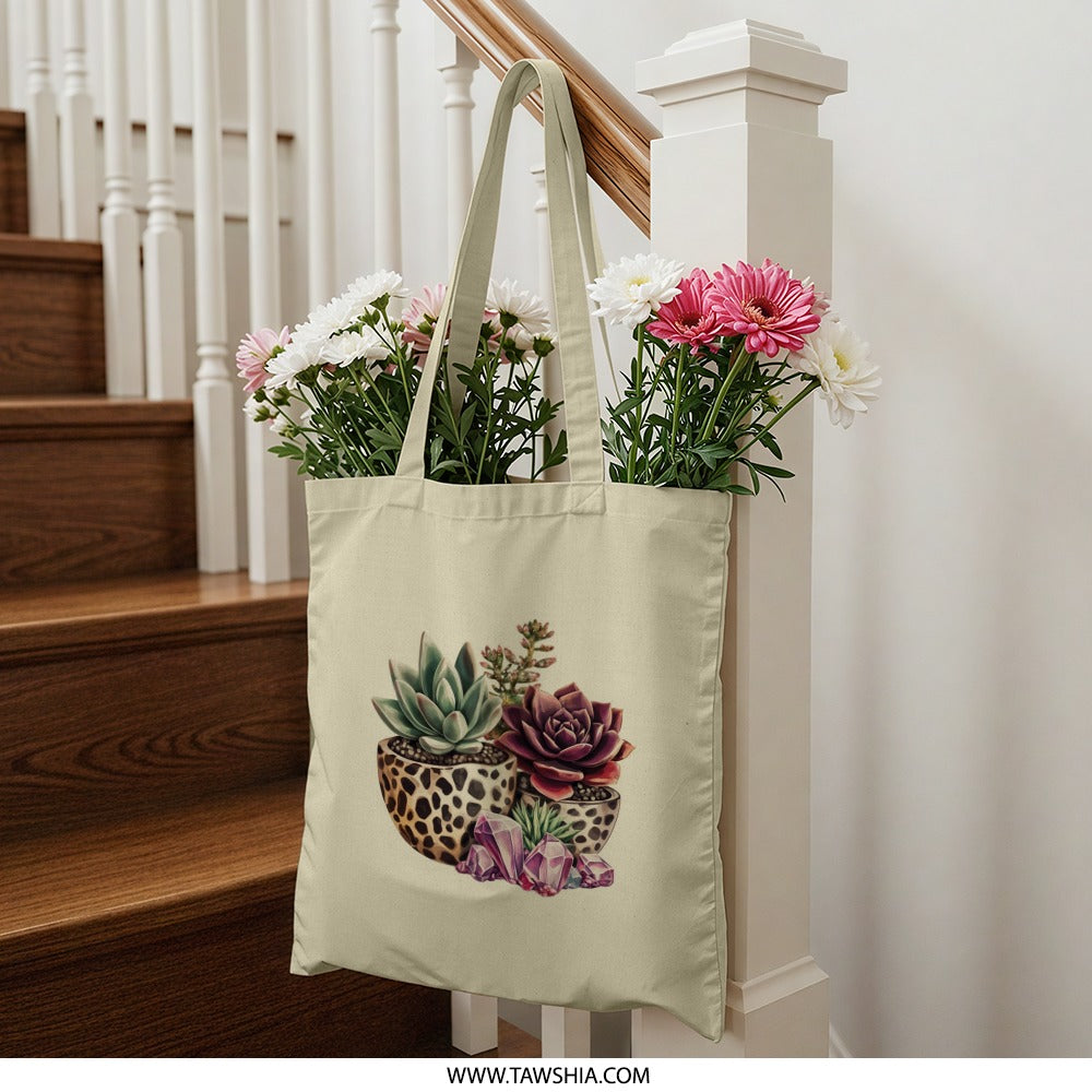 Succulent Tote Bag, Crystal Accent, Cute Plant Bag, Trendy Tote, Unique Design Bag, Everyday Bag, Gift Idea, Reusable Bag (132) - Tawshia