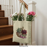 Succulent Tote Bag, Crystal Accent, Cute Plant Bag, Trendy Tote, Unique Design Bag, Everyday Bag, Gift Idea, Reusable Bag (132) - Tawshia