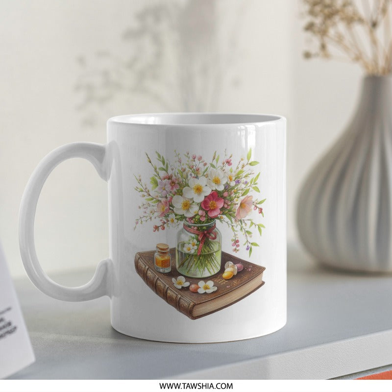 Floral Bouquet Mug, Book Lover Gift, Vintage Style Coffee Cup, Unique Tea Mug, Flower Arrangement Mug, Botanical Mug, Artistic Mug - Tawshia