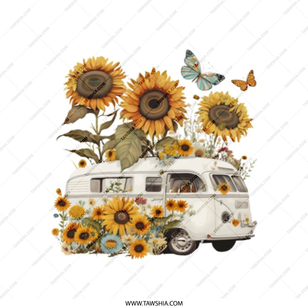 Sunflower Van Tote Bag, Butterflies Tote, Floral VW Camper Van, Boho Style Bag, Hippie Aesthetic, Nature Lover Gift, Unique Tote Design - Tawshia