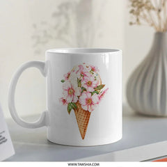 Floral Ice Cream Cone Mug, Pink Flowers, Unique Coffee Mug, Gift for Her, Ice Cream Lover, Food Art Mug, Dessert Mug - Tawshia