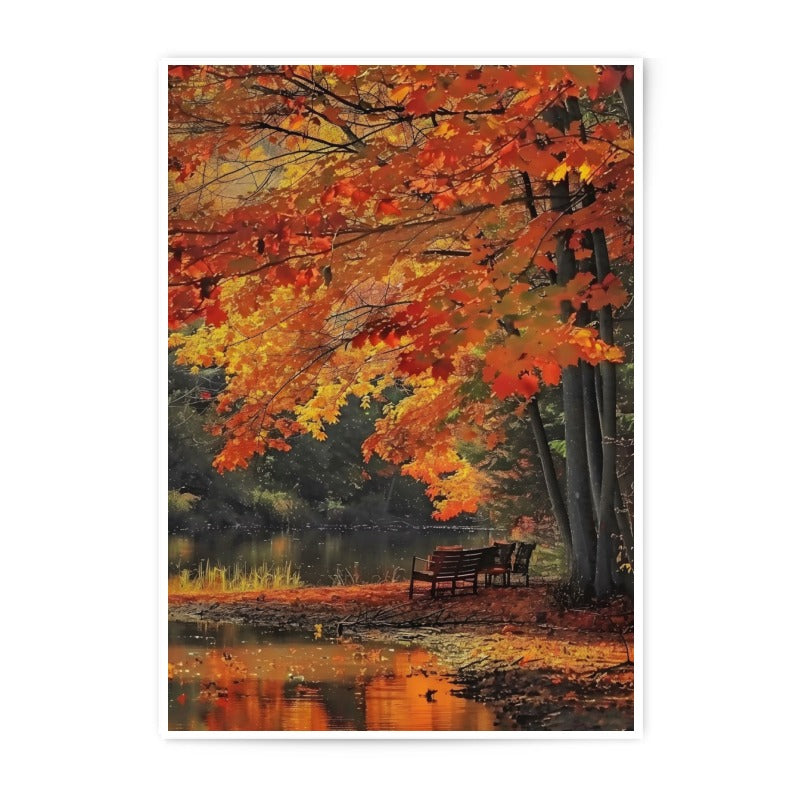Autumn Reflections Photographic Print, Fall Colors Art, Lake Scene Decor, Cozy Bench Photo, Nature Wall Art, Landscape Photography - Tawshia