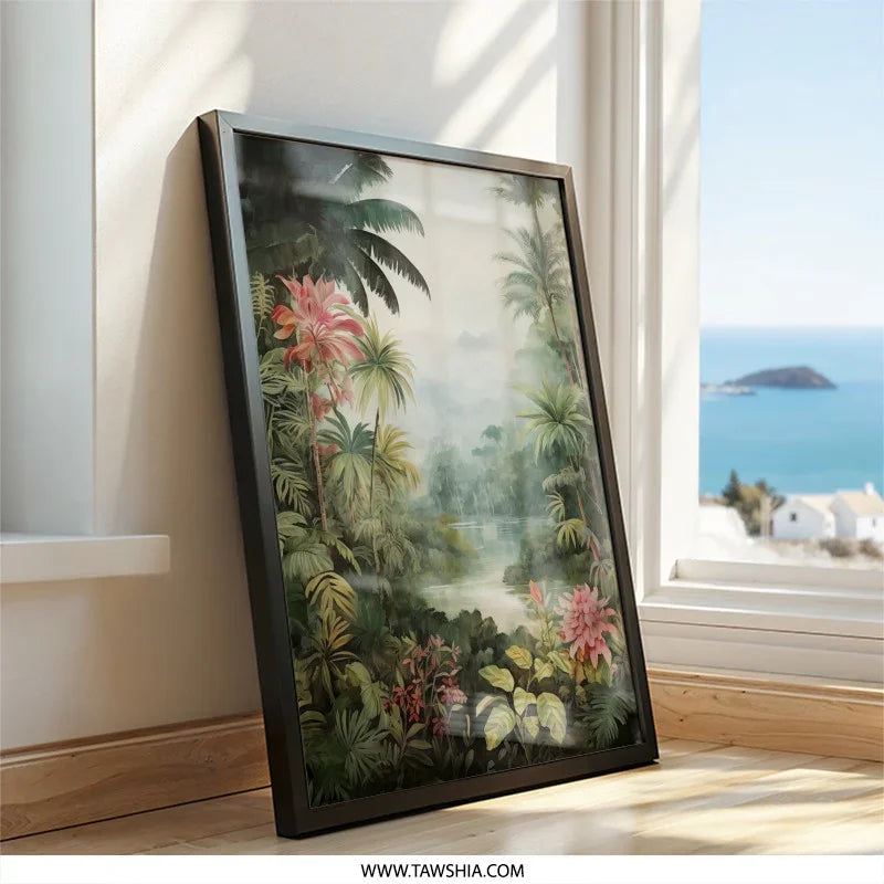 Tropical Paradise Wall Art, Jungle Landscape Print, Exotic Flower Decor, Lush Greenery Artwork, Serene River Scene, Nature Inspired Home - Tawshia