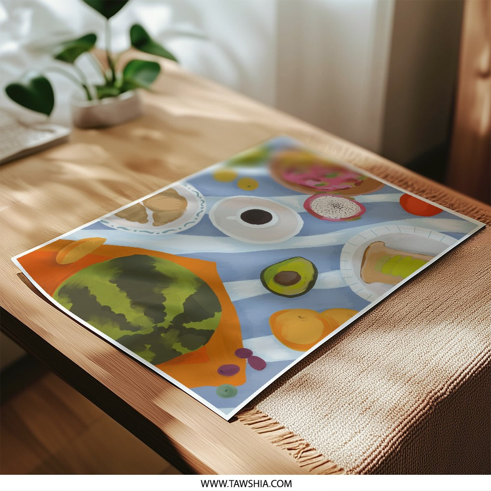 Picnic Photographic Print, Food Illustration, Breakfast Art, Tropical Fruit Decor, Kitchen Wall Art, Colorful Still Life Print - Tawshia