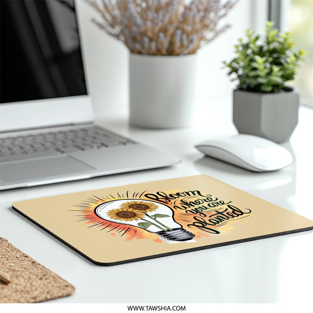 Bloom Where You Are Planted Mouse Pad, Sunflower Lightbulb, Inspirational Quote, Desk Decor, Office Gift - Tawshia