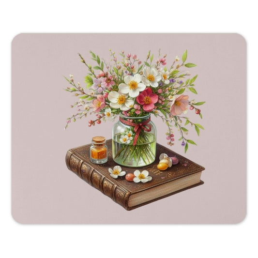 Floral Bouquet Mouse Pad, Book and Flowers, Cottagecore Desk Decor, Botanical Office Gift, Cute Desk Accessory - Tawshia