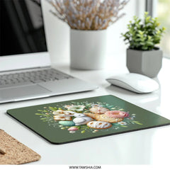Floral Easter Bunny Mouse Pad, Spring Flowers Bunny, Easter Egg Floral Computer Mousepad, Pastel Decor Mouse Pad, Cute Spring Decor - Tawshia