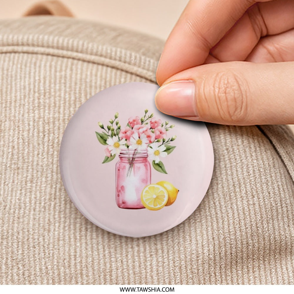 Pink Flowers in Mason Jar, Lemon Pinback Button, Cute Floral Badge, Botanical Button, Summer Accessory, Gift for Her, Party Favors - Tawshia