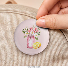 Pink Flowers in Mason Jar, Lemon Pinback Button, Cute Floral Badge, Botanical Button, Summer Accessory, Gift for Her, Party Favors - Tawshia