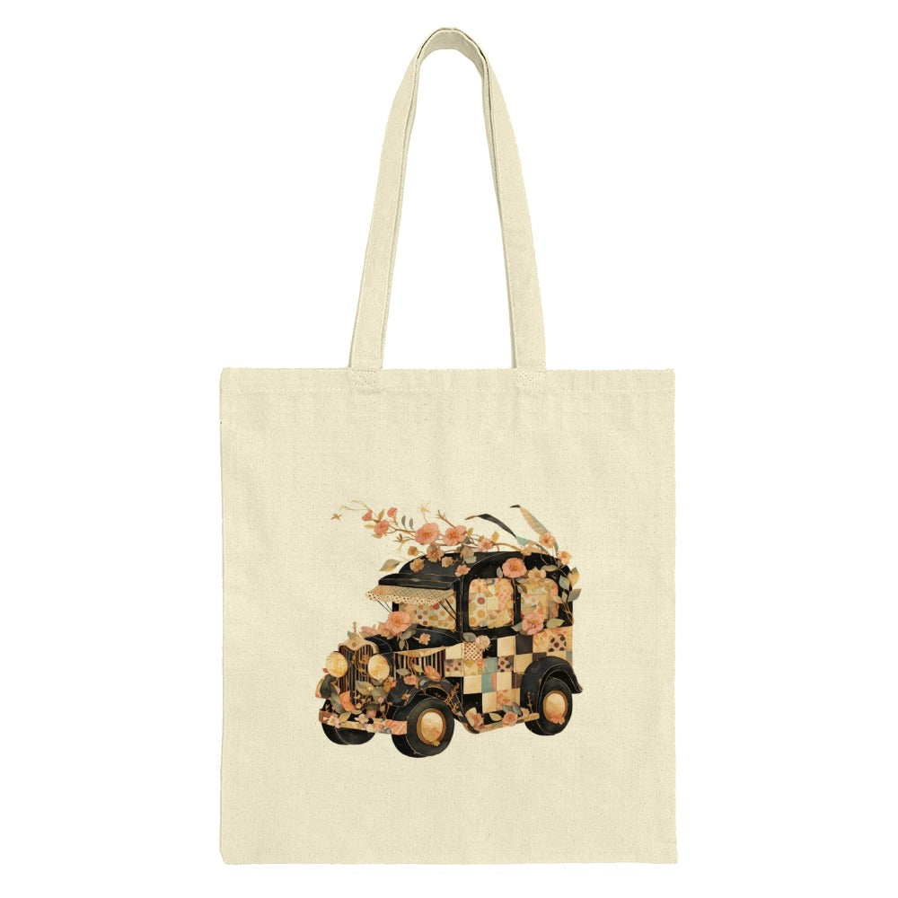 Vintage Car Tote, Floral Antique Automobile Bag, Unique Auto Art, Retro Vehicle Lover Gift, Cute Everyday Bag - Tawshia