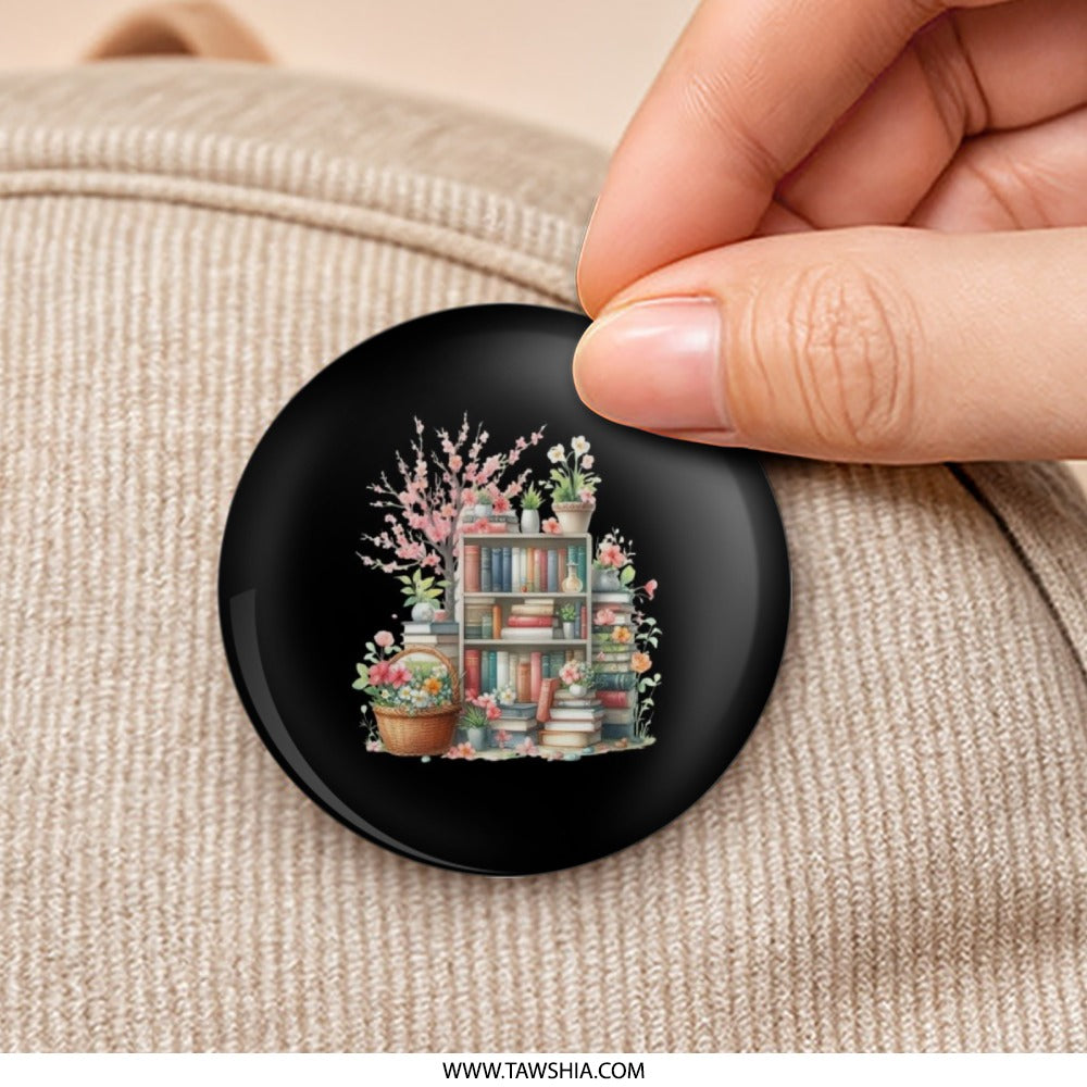 Bookshelf and Flowers Pinback Button, Book Lover Gift, Literary Button, Floral Accessories, Reader Gift, Spring Decor, Cute Button - Tawshia
