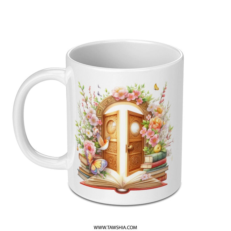Floral Door Mug, Fantasy Book Lover Gift, Reading Mug, Bookish Mug, Butterfly Bird Mug, Unique Gift, Coffee Mug, Tea Mug, Novelty Mug - Tawshia