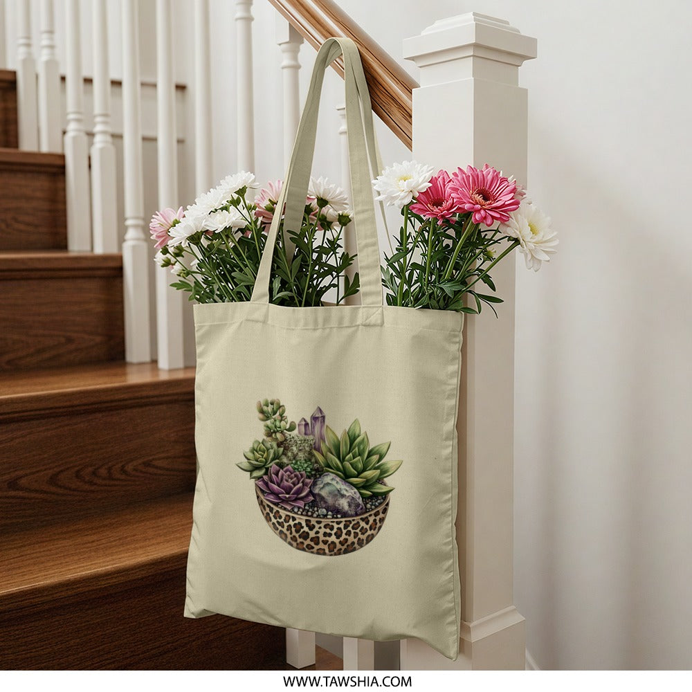 Succulent Tote Bag, Crystal Decor, Leopard Print Bowl, Modern Tote, Plant Art, Stylish Bag, Unique Design - Tawshia