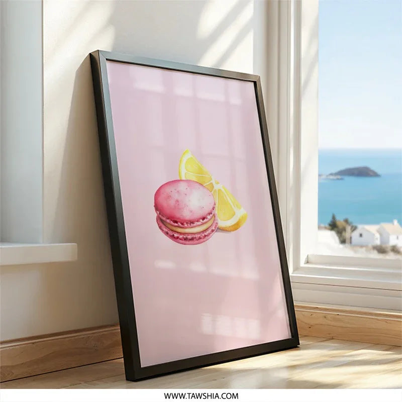Macaron Wall Art, Lemon Print, Pink Dessert Decor, Food Illustration, Kitchen Art, Sweet Treat Art Print, Modern Wall Decor, Gift Idea - Tawshia
