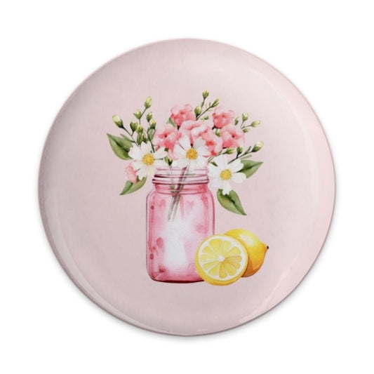 Pink Flowers in Mason Jar, Lemon Pinback Button, Cute Floral Badge, Botanical Button, Summer Accessory, Gift for Her, Party Favors - Tawshia